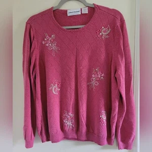 Vintage Alfred Dunner Pink Embroidered Beaded Floral Knit Grannycore Sweater XL - Picture 1 of 6