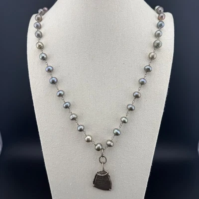 Pearl Necklace with Sterling Silver Pendant Unique Coin Charm Drop - Image 1 of 4
