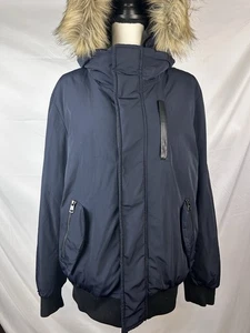 Calvin Klein Men Parka Bomber Navy Blue Jacket Removable Faux Fur Hoodie Medium - Picture 1 of 14