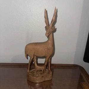 12” Tall Hand Carved Wood African Antelope Gazelle And Baby Wood Base Vintage - Picture 1 of 7