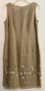 Maggie London Sheath Dress SIZE 6P Linen-Blend Silk-Embroidered-Overlay Tan Midi - Picture 1 of 14