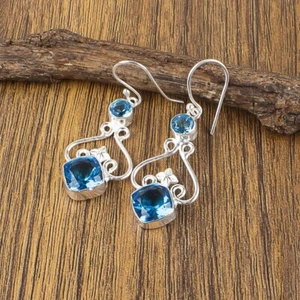 Natural Swiss Blue Topaz Gemstone Earrings 925 Sterling Silver Jewelry For Women - Picture 1 of 7
