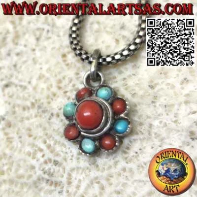Ciondolo in argento 925 ‰  a fiore con turchesi tibetani e coralli antichi alter - Immagine 1 di 4