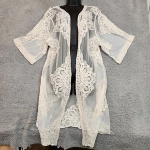 Boho Open Front Duster Cardigan Size L Embroidered Lace Mesh Cover Up - Picture 1 of 28