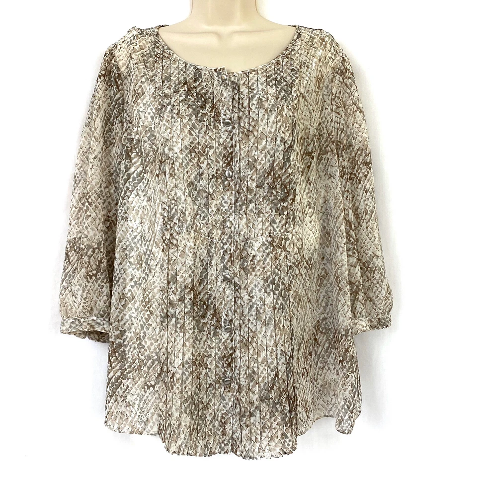 Talbots Blouse 16W Sheer Layered Animal Print Gray Tan Career Casual TwoFer 2Fer - Image 1 of 4