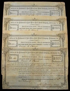 1863 Richmond & York River Rail Road Co. Lotto di 4 certificati obbligazionari da $1000 (64497) - Foto 1 di 9