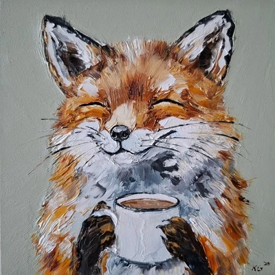 Ölgemälde von Fuchs genießt eine Tasse Kaffee, Tierwelt Originalgemälde, 6x6" - Bild 1 von 4