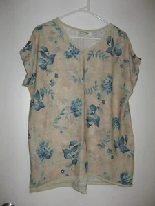 LILAC DESIGNS BEIGE+BLUE FLORAL LINEN SHORT SLEEVE TUNIC TOP SIZE S/M - Picture 1 of 4