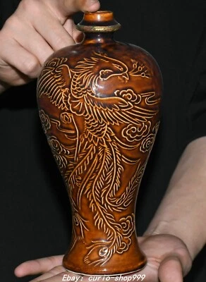 Jarrón botella pájaro fénix largo dragón dorado porcelana horno Ding dinastía Song de 9" Foto 1 de 4