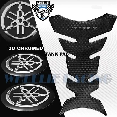 PERFORATED BLACK PRO GRIP FUEL TANK PAD+2" CHROME 3D YAMAHA LOGO EMBLEM STICKER - Image 1 of 4