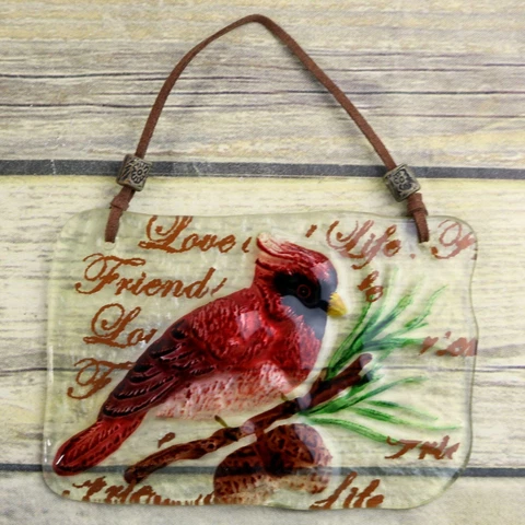 Cardinal Pine Cones Glass Wall Hanging Red Bird Christmas Holiday Home Decor Cover