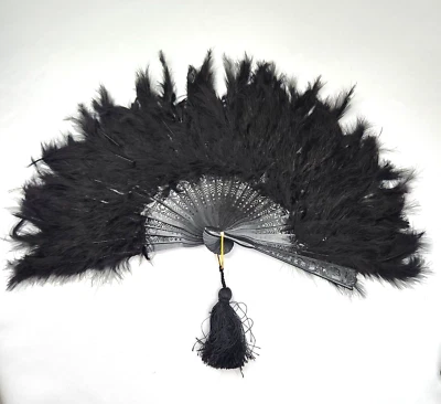 Vintage Black Ostrich Feather Hand Fan with Decorated Plastic Spokes 11" - Image 1 of 4