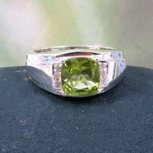 Natural Peridot & CZ Gemstone 925 Sterling Silver Ring For Men's #1254 - Picture 1 of 4