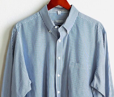 GEOFFREY BEENE size XL Blue & White Striped Pinpoint Oxford 17 32/33 Dress Shirt - Image 1 of 4