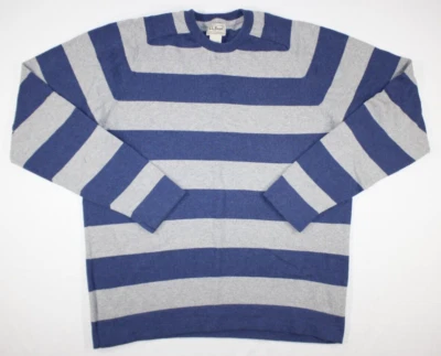L.L. Bean Sweater Men's L Cashmere Cotton Crew Neck Wide Stripe Blue Gray - Image 1 of 4