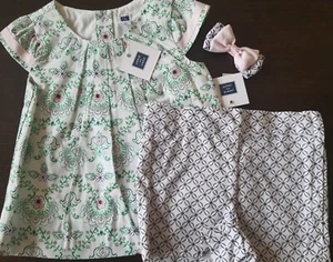 NWT Janie and Jack Girls 5 / 6 Pink Green flowers Set Shirt Top Shorts match bow - Picture 1 of 7
