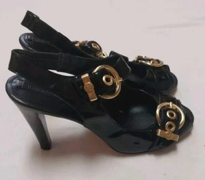 BCBG Maxazria Azria Black Patent Leather Gold Buckle Stilettos Size 8 B - Picture 1 of 12