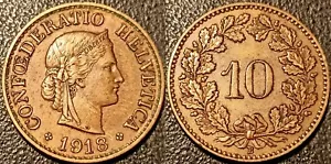 Schweiz - Schweizerische Eidgenossenschaft - 10 Rappen 1918 B,Bern Messing Ttb ! - Bild 1 von 1