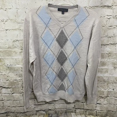 Suéter tejido Argyle Garrett Scott para hombre gris medio azul 100 % lana merino cuello en V Foto 1 de 4