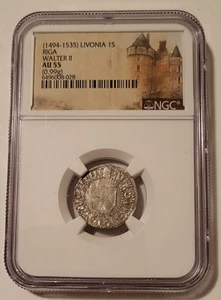 NGC Livonia Walter II (1494-1535) chelín de plata Riga como nuevo AU55 - Imagen 1 de 4