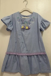 Disney frozen 11 Blue Elsa Floral Print Multi Tassels Chambray Dress Sz S - Picture 1 of 7