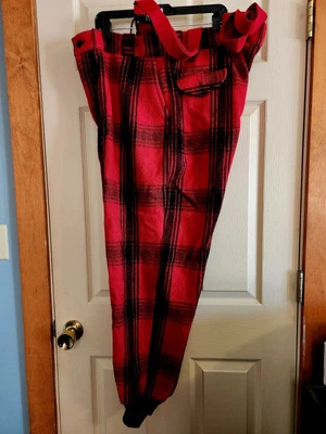 Vtg Johnson Woolen Mills Red Black Hunting Pants Suspenders 45 Waist 41 Outseam - Image 1 of 4