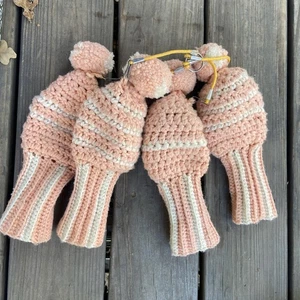 Hand knit golf club covers- set 4- Vintage Crochet golf club covers with poms - Picture 1 of 5