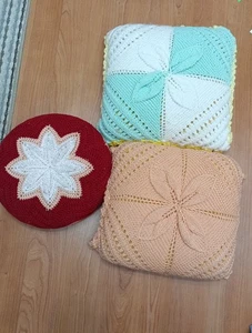 Set Of 3 Vintage 70s Granny Knit Throw Pillows Cottagecore Retro Boho Cabin - Picture 1 of 8