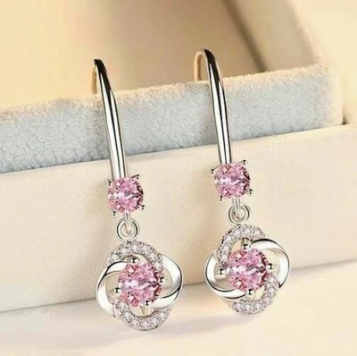  Earrings; 14K White Gold Filled ovr Sterling Silver Pink Zircon Gemstone NEW - Image 1 of 2