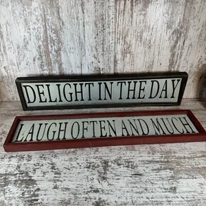 Lot 2 Wood Signs Primitive Wall Hanging Laugh Often And Much Delight In The Day - Picture 1 of 14