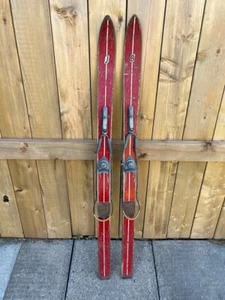 VINTAGE HICKORY Wooden 47" Skis Original RED Finish with Cable Bindings - Picture 1 of 5
