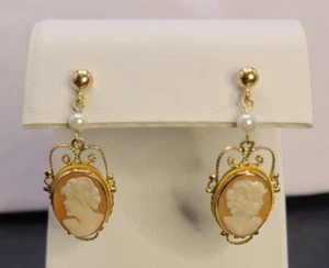 14K Gold Cameo Earrings With Fresh Water Pearls & Beautiful Gold Filigree - Picture 1 of 5