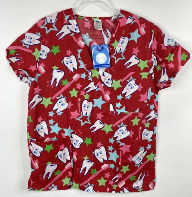 BC Body Couture Scrub Top Women's Size M Red Smiling Tooth 3PKT Dentist NWT - Image 1 of 4