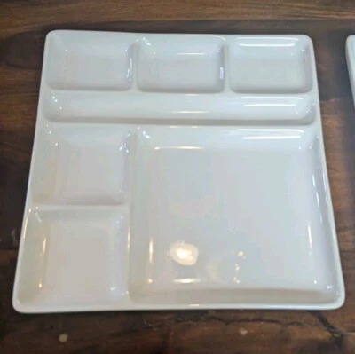 CRATE & BARREL 9” Square White Fondue Sushi Plate Set Of 2 Divided Sections Flaw - Image 1 of 4