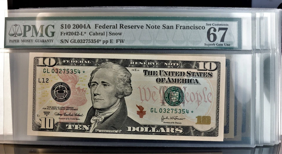 2004A $10 FR Notes Fr#2042-L* PMG 67 Super Gem UNC EPQ 5354-5363 10 note series - Image 1 of 1