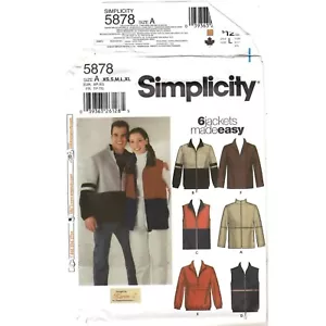 Simplicity 5878 SZ A XS-XL 6 Jacket Made Easy Misses Mens Teens Pattern Uncut - Picture 1 of 3