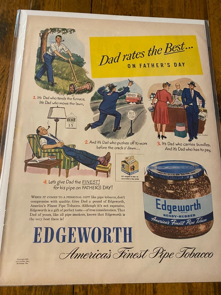 Vintage 1947 Edgeworth Tobacco Dad Rates The Best On Father's Day ad Foto 1 de 1