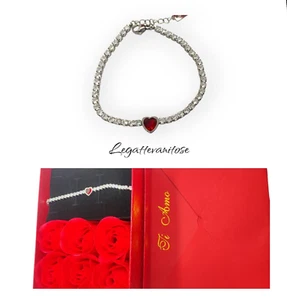bracciale donna tennis acciaio con zirconi bianchi Cuore Rosso + box regalo rose - Foto 1 di 19