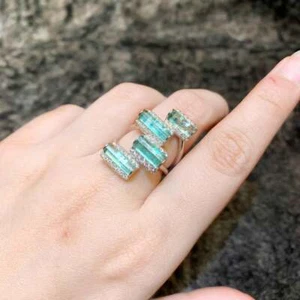 Fancy Cut Rough Green Emerald With Round Brilliant Cut CZ Fashion Women's Band - Picture 1 of 7