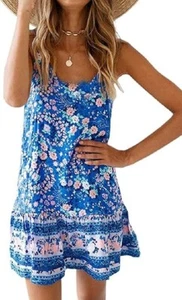 Qearal Floral Printed Dress Summer Sleeveless Adjustable Strap - M - Picture 1 of 2
