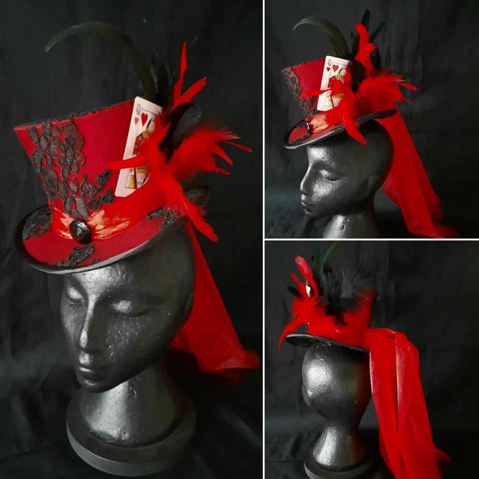 3/4 Size Red And Black Bespoke Tophat, Steampunk, Gothic, Burlesque, Wedding Hat - Image 1 of 1