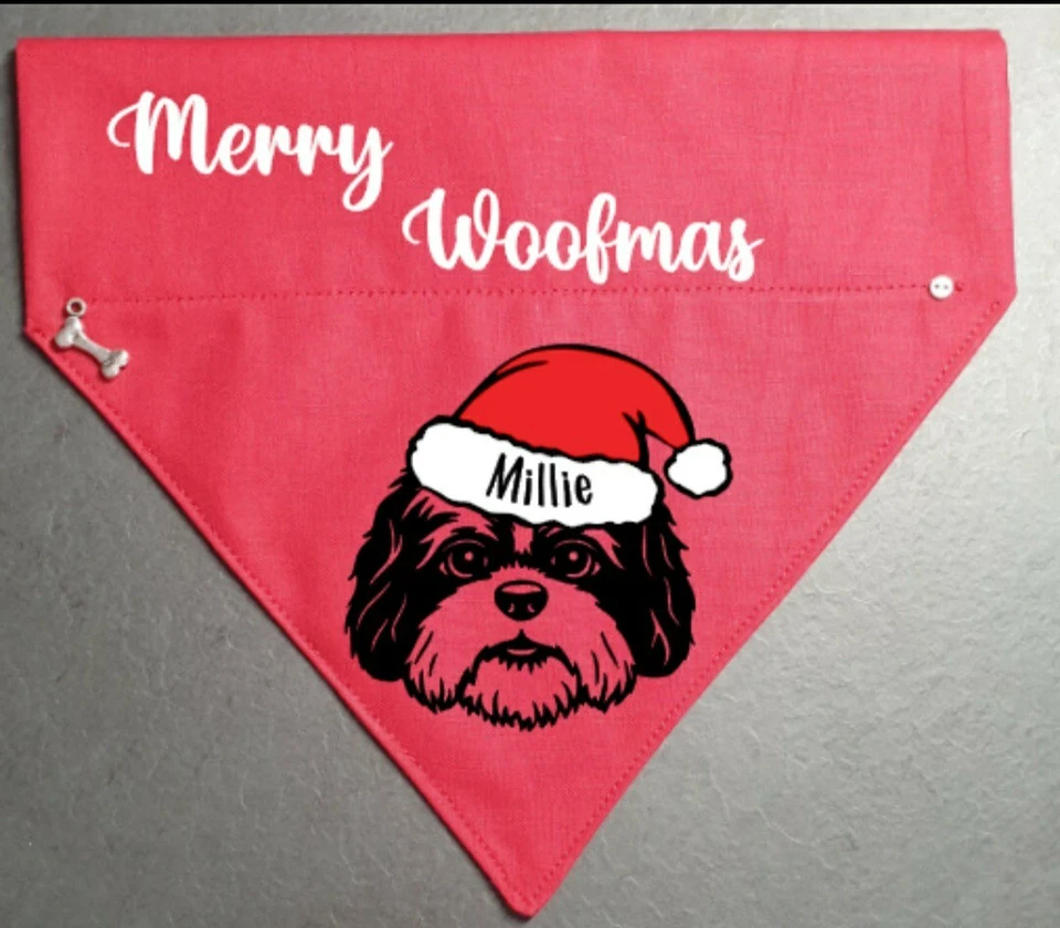 Shih Tzu Dog Bandana Slide on Collar Neckerchief Scarf Gift Present Christmas - Image 1 of 1