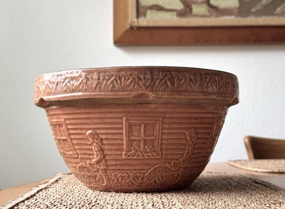 10" Tigela de Mistura de Talheres Marrom McCOY Antiga Menina FLORES DE REGA Cerâmica #166 - Imagem 1 de 4