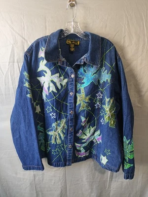 Chaqueta Mirasol Mujer 3X Azul Denim Bordado Lentejuelas Hojas Floral Arte Boho Foto 1 de 4