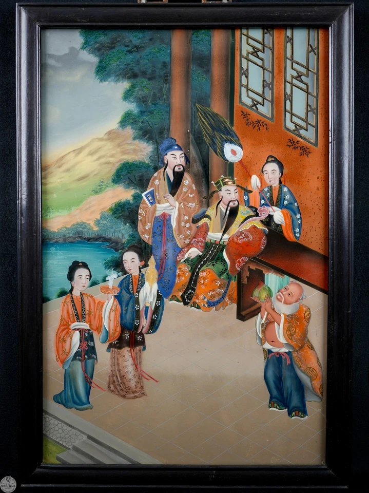 Pintura de vidrio reverso de exportación china vintage "Inmortales celebrando un cumpleaños" Foto 1 de 4