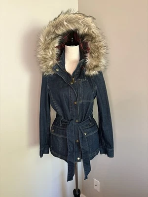 Vintage Ralph Lauren Jean Co Denim Jacket Faux Fur Hood Belt Lined Size Medium - Image 1 of 4