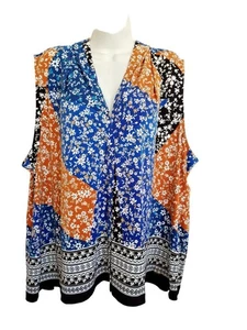 Calvin Klein Plus 3X Blue Orange Floral Patchwork boho cottagecore Blouse - Picture 1 of 5