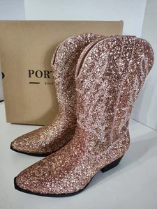 NEW Portland Boot Co Olympia Rose Gold Glitter Western Boots Wmn Sz 6 Wide Calf - Picture 1 of 11