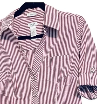 Liz & Co. Mujer Manga 1X-3/4 Abotonada Elastizada Púrpura Blanco Rayas Foto 1 de 4