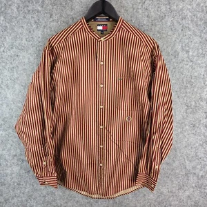 Tommy HIlfiger Shirt Mens Medium Red Striped Collarless Button Up Long Sleeve - Picture 1 of 13